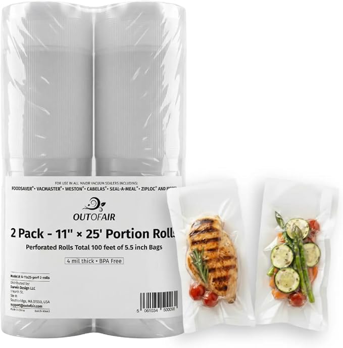 11" x 25' Portion Rolls (Fits Inside Machine) - 2 Pack (100 feet 5.5" rolls total) OutOfAir Vacuum Sealer Rolls. Works with FoodSaver Vacuum Sealers. 33% Thicker, BPA Free, Sous Vide, Commercial Grade