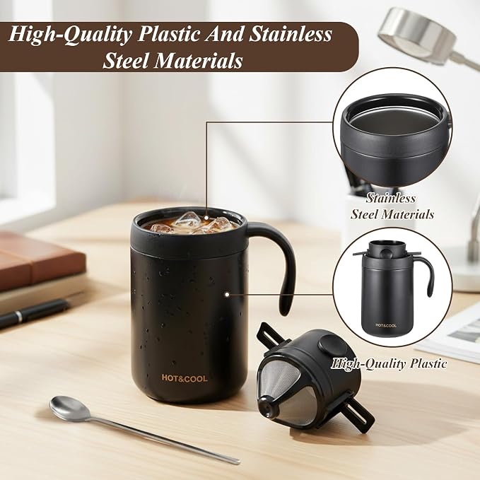 Portable 16oz Pour Over Coffee Maker Set with Spoon and Brush | Insulated Camping Coffee Maker with Foldable Filter & Stirrer & Cleaning Brush for Travel Camping Offices Backpacking