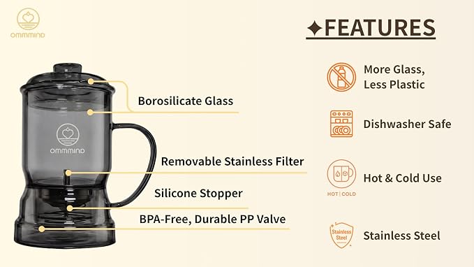 Glass Tea Infuser, Easy Drain for Loose Leaf, 15.2 oz, Black | Fits rims under 3.15 in; set on mug to drain, lift to stop, helps limit bitterness. Dishwasher safe; tea bags, herbs, coffee