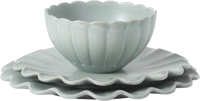 Gibson Elite Bistro Fleur Plates and Bowls Sets, 12-Piece Stoneware Dinnerware Set for 4, Sage Blue Scalloped Dish Set with Dinner Plates, Salad Plates & Bowls