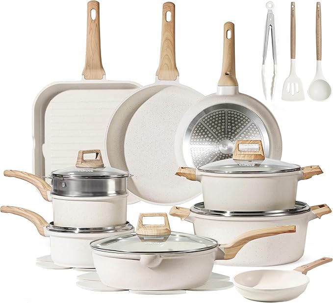 CAROTE 26pcs Pots and Pans Set, Nonstick Cookware Sets, with Grill Pan | With 6.5-Qt Stockpot, Lightweight & Durable, Steamer Included, Fast & Even Heating, Induction Compatible