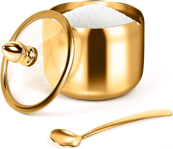 holoith Sugar Container with Glass Lid and Spoon, Gold, 10oz