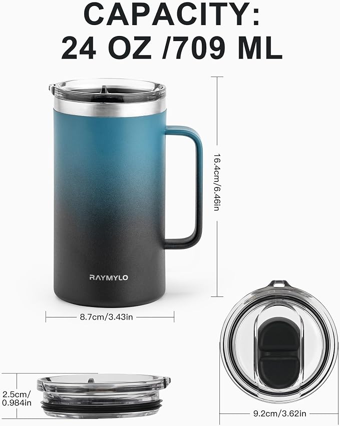 Insulated Travel Large Coffee Mug with Handle, Coffee Tumbler Cup 24oz | Detachable Lid for Thoroughly Clean, Thermal Cup with Double-Wall Stainless Steel Vacuum Insulation, Spill Proof & BPA Free