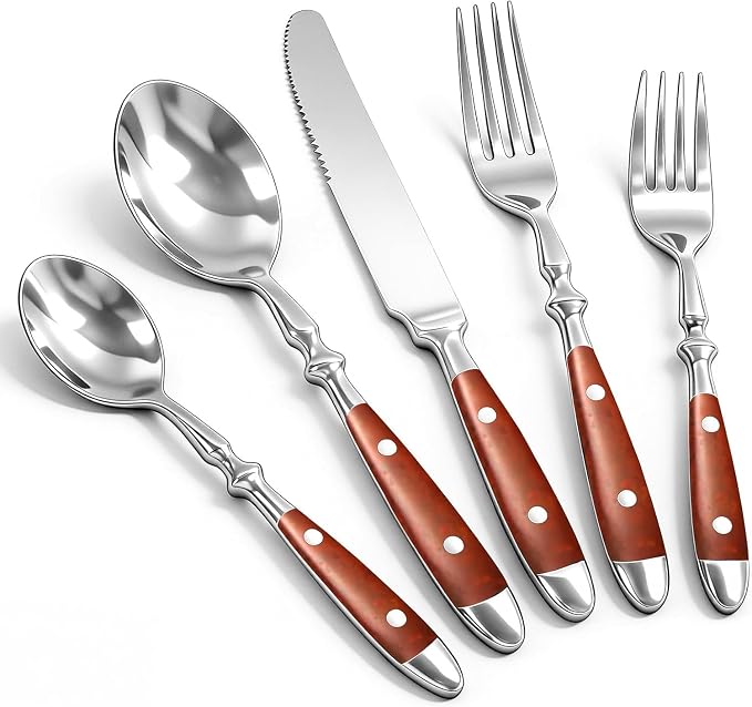 20pcs Brown Silverware Set Service for 4,Vintage Flatware Set with Brown Bakelite Handle, Stainless Steel Cutlery Set, Dishwasher Safe