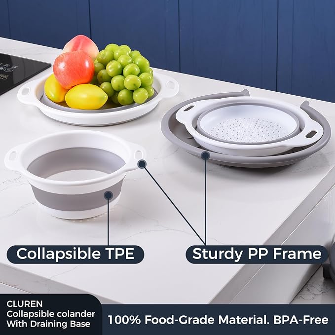 Collapsible Colander Set with Oversized Draining Tray | 3-Pack Foldable Kitchen Strainers + Base | Space Saving for Pasta, Veggies, Fruit & Rice | 5 Colors (Gray-White)