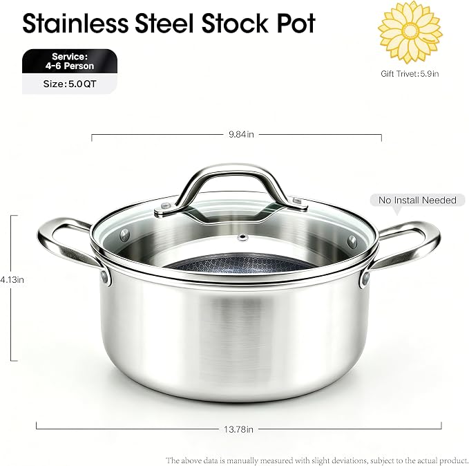 BRASA, Stainless Steel Stock Pot with Grass Lid 5QT+5.9in trivet,Nonstick cooking pot,for Pasta,Soup,Spaghetti,Sturdy,Induction & All Cooktop Compatible,Dishwasher safe PFOS Free (5QT+5.9in trivet)