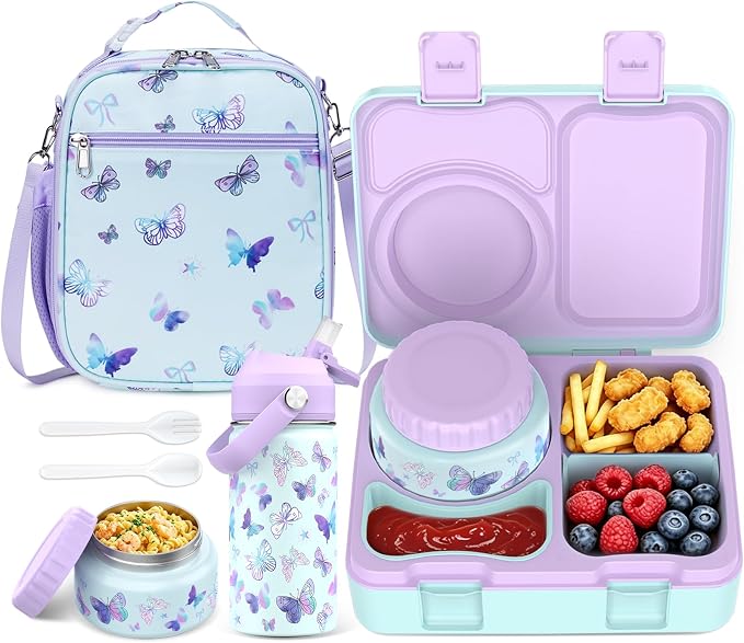 Bento Lunch Box for Kids Adult, Leakproof 3-4 Compartment Bento Box Set with Insulated Food Jar,Water Bottle, Lunch Bag, School Lunch Container for Toddler Teen Girls Boys Ages 3+(Butterfly)