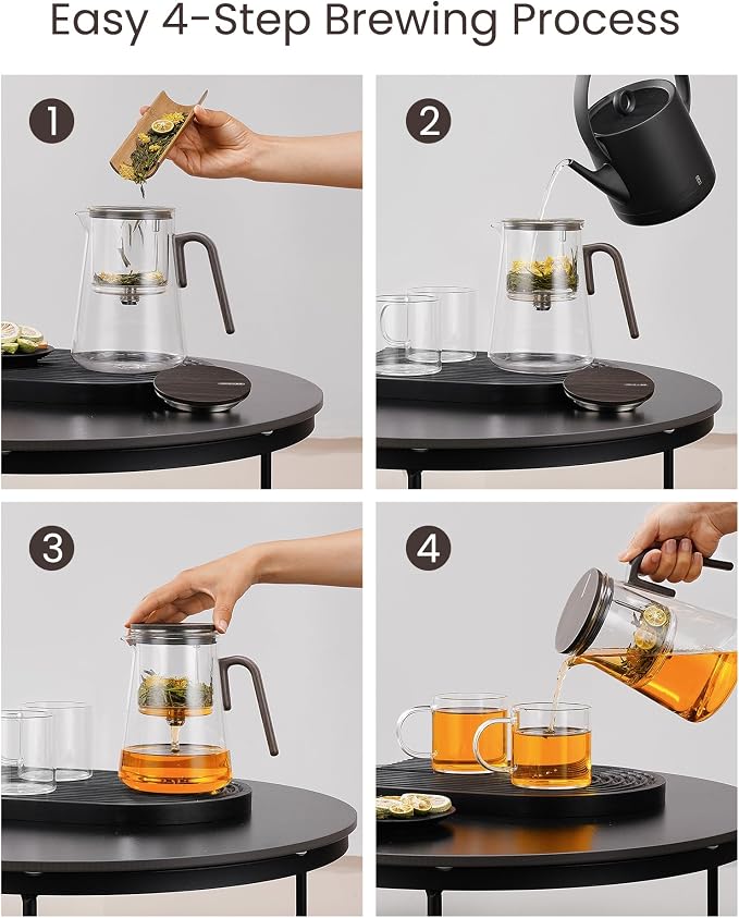 ZENS Magnetic Teapot with Infuser and 2 Cups, 34oz Magic Loose Tea Maker | Glass Magnetic Teapot, Echanted Tea Pot with Infusers for Loose Tea Steeper, Tea Lovers Gift, Walnut Pattern