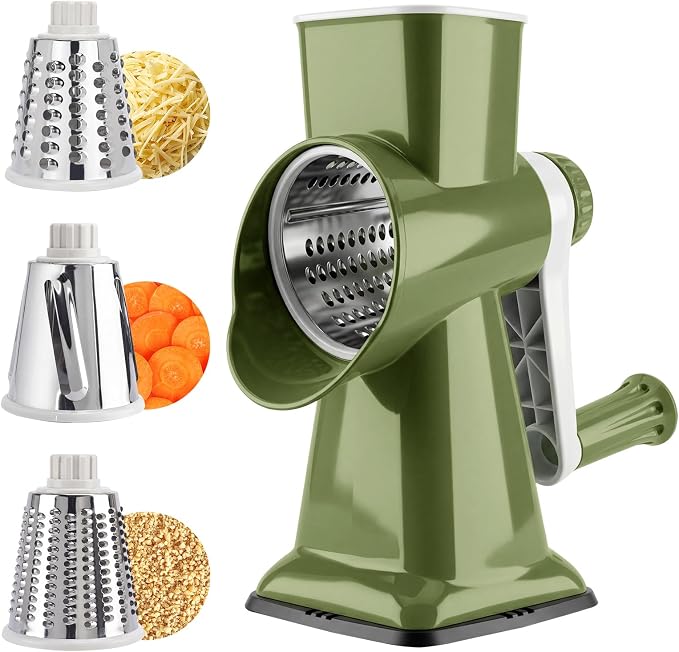 Rotary Cheese Grater, Cheese Grater Hand Crank, 3-Blade Grater | 3 stainless steel drums create fine shreds,coarse grates and slices for cheese, vegetables, salads, pizza and daily meal prep