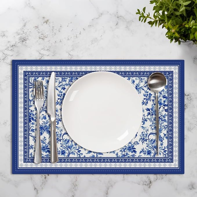 Blue Floral Branches Linen Placemats Set of 4, Chinoiserie Table Mats | Washable Non-Slip Heat Resistant Linen Fabric Rectangle Place Mats for Indoor Outdoor Party Kitchen Dining Decor 12 x 18 Inch