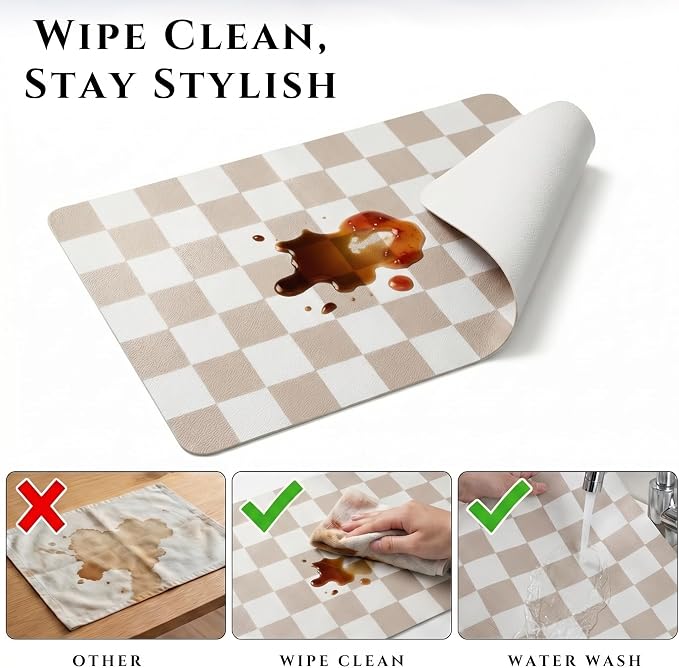 Set of 6 Checkerboard Non-Slip Washable Placemats for Dining Table | Waterproof & Heat-Resistant Faux Leather Mats | Easy Wipe Clean Tablemats for Indoor Dining, 17’’×12’’, Sage Green
