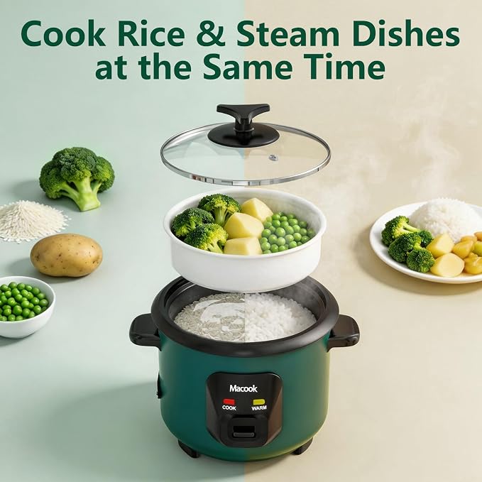 Macook Mini Rice Cooker | 6-Cup (0.6L) Small Rice Maker | One-Button Operation | Non-Stick Inner Pot | Automatic Keep Warm & Overheat-Proof | for 1-6 People, Students & Small Families (Green)