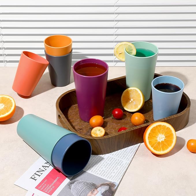 HEYCOME Set of 16 Wheat Straw Cups, 16 Pcs 20 oz Unbreakable Drinking Cups, Reusable Plastic Cups Sets, Water Glasses Tumblers, Microwave & Dishwasher Safe, Bpa Free, 8 Colors