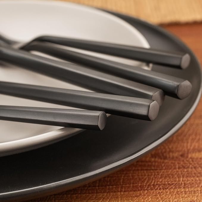 Alata Hexagon Black 20-Piece Forged Silverware Set Stainless Steel Flatware Set,Service for 4,Matte Satin Polished Cutlery Set,Dishwasher Safe
