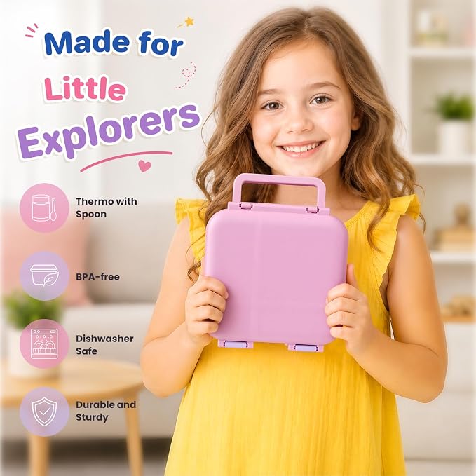 Bento Box for Kids, Lunch Box with Thermo(9oz Food Jar), Silicone Sauce Cup, Stainless Steel Spoon & Removable Divider, Kids Lunch Box Set for Girls Boys Back to School, Pink/Purple