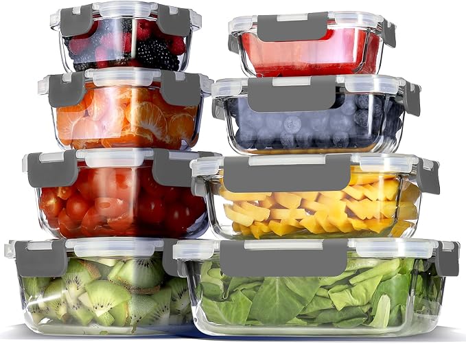 EATEX 16pc Glass Storage Containers with Lids, 8 Glass Food Storage Containers with 8 Airtight Lids for Pantry & Kitchen, Meal Prep Containers for Lunch, Oven Freezer Microwave & Dishwasher Safe