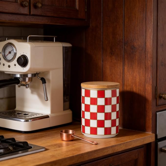 Kitchen Countertop Ceramic Checkered Canisters,Black And White Food Storage Containers With Lid,Airtight Kitchen Canisters for Flour, Sugar, Coffee, Tea, and Dry Goods (Red, Small)