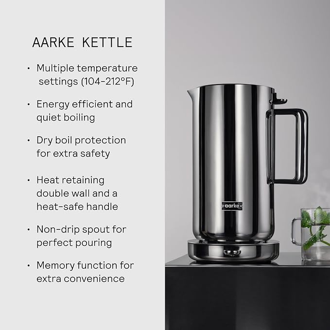 Aarke Kettle - Electric Stainless Steel Tea Kettle 1.2L (40oz), Steel | Temperature Control, Non-Drip Spout, Double-Wall Construction, Dry Boil Protection, Heat-Safe Handle, LED Cool-Down Indicator