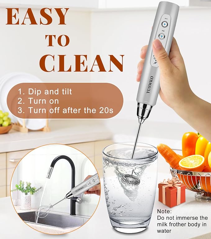 YUSWKO Handheld Milk Frother Wand for Coffee, Rechargeable Electric Whisk with 3 Heads 3 Speeds Drink Mixer Coffee Frother For Latte, Cappuccino, Hot Chocolate, Egg, Silver