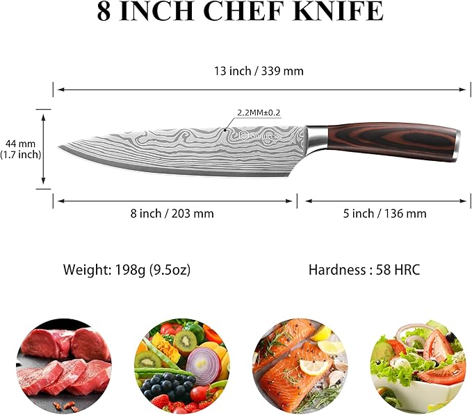 8 Inch Chef Knife - Ultra Sharp Vegetable Kitchen Knife | 12-15 Degree Edge for Meat Cutting Japanese Style, High Carbon Stainless Steel, Pakkawood Handle & Sheath, Cooking & BBQ Gift