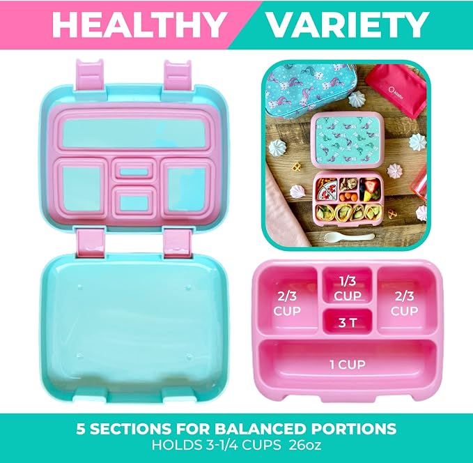 kinsho Bento Lunch Box Container for Small Kids, Boys, (Aqua Cat Mermaid) | 5 Portion Sections, BPA-Free Spill-Proof Leakproof Removable Plastic Tray, Snacks and Lunches for Toddlers Pre-School Daycare