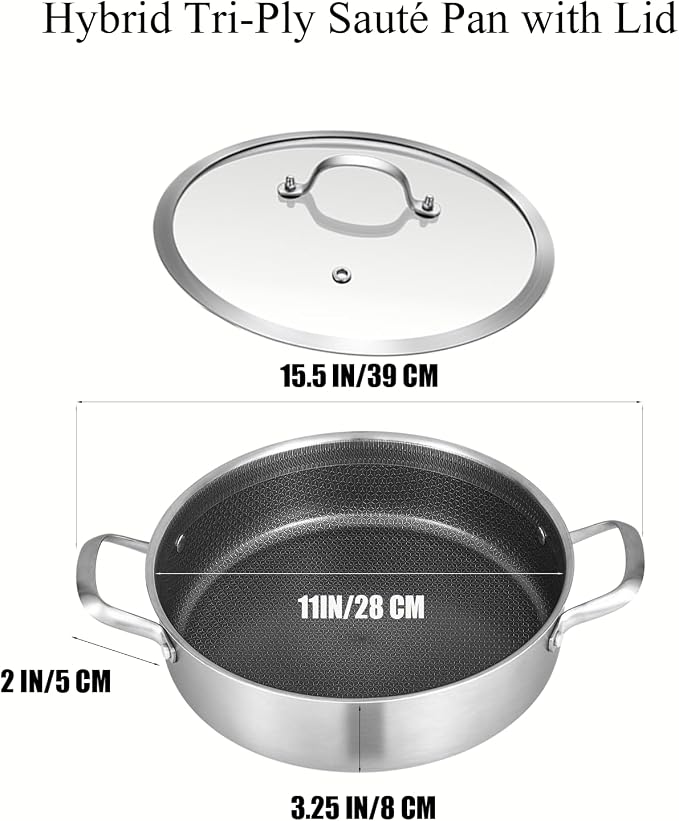 Inqibee 5 QT Saute Pan with Lid, 12 Inch Deep Frying Pan, Riveted Handle | Hybrid Ceramic Nonstick Cookware, Tri-Ply Stainless Steel Pan, PFOA Free, Induction Cooking Pan, Dishwasher and Oven Safe