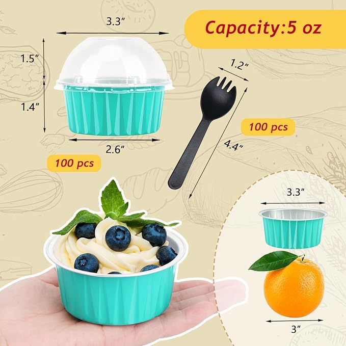 LNYZQUS 5oz Dot Cake Cups with Dome Lids 100 Pack, Foil Cupcake Pans | Mini Cake Tins and Containers, Disposable Ramekins, for Baking and Packaging, Round Cyan Blue