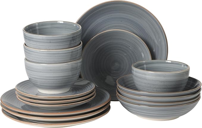 Gibson Home Stonebury 16 Piece Plates and Bowls Blue Dishes - Handpainted Stoneware Dinnerware Set - Service for 4
