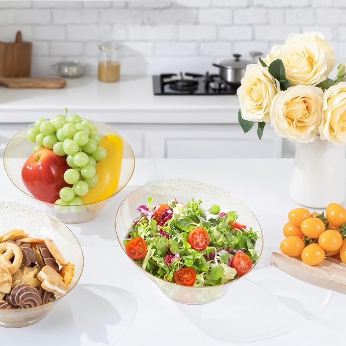 bUCLA 12 Pack Gold Glitter Plastic Serving Bowls - 20 OZ Disposable Snack, Fruit, Chip, Candy Angled Serving Bowls for Party & Thanksgiving