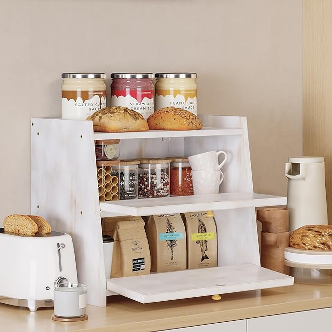 Trironsun Vintage Double Layer Bread Box for Kitchen Counter Bamboo Bread Storage Container Large Capacity Bread Storage Bin (Antique White)