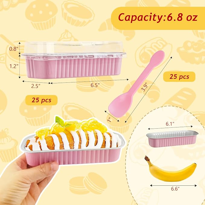 LNYZQUS Mini Loaf Pans with Lids, 6.8oz Cake Tins for Baking | 25 Pack, Rectangle, Pink, Disposable Aluminum Foil Dessert Cups, Individual Take-out Containers for Small Bake Gifts