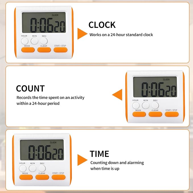 Mudder 3 Pack Digital Kitchen Timer for Cooking, Large Digits, 24 Hour Magnetic Backing Stand Kitchen Timers Clock for Classroom Kids Teachers, Loud Alarm and Large Screen (Orange)