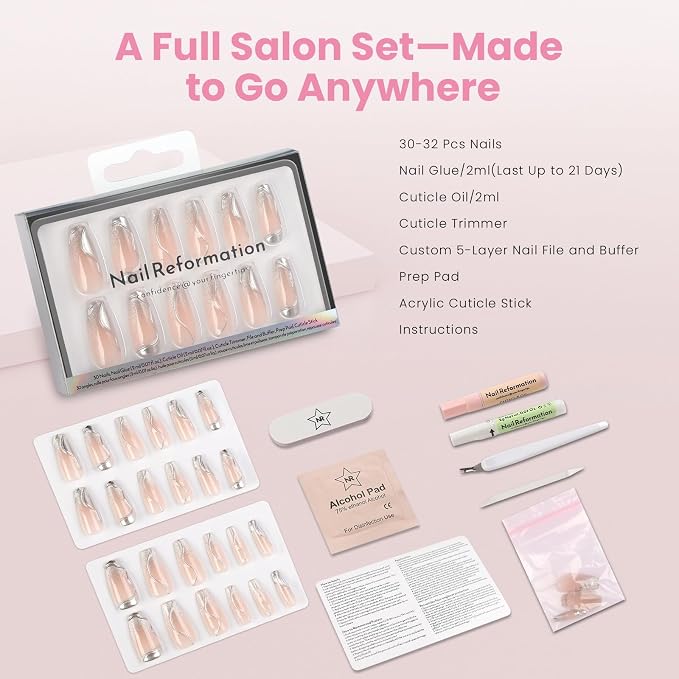 Nail Reformation Press On Nails, Shooting Star Pink Long Coffin Fake Nails | with 3D Metallic in a Glitter Finish, Reusable Stick On Nails in 15 Sizes - 30 False Nail Kit with Glue, Gifts for Women