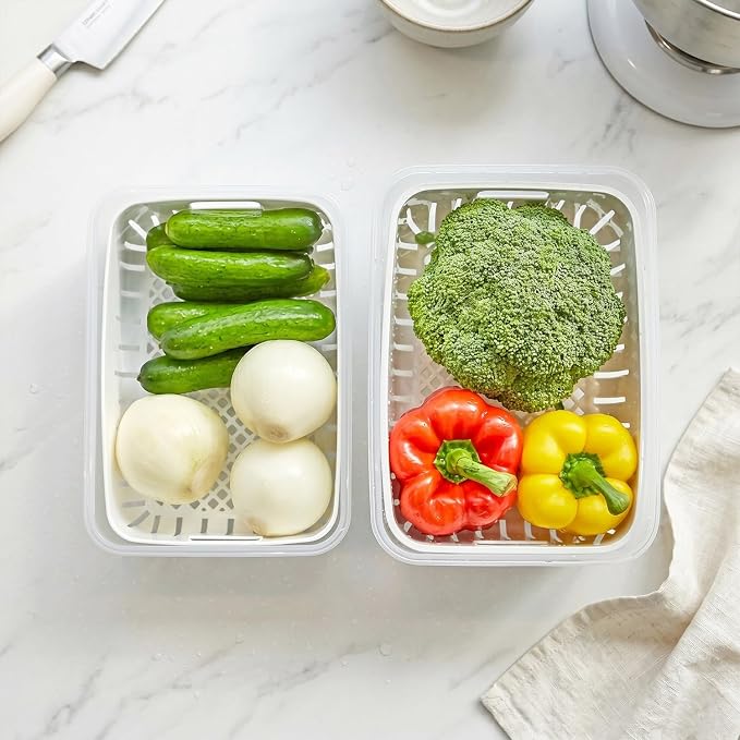 3.0 Cup Produce Saver Container for Fridge with Colander - 700ml | Airtight Fruit & Vegetable Storage Bin, Removable Strainer Basket, BPA-Free, Stackable, White Colander