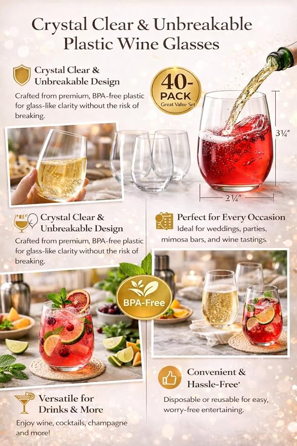 40 Pack 12 oz Disposable Plastic Wine Glasses, Unbreakable Clear Cups | Stemless Cocktail Cups, BPA-Free Shatterproof, Reusable Wine Cups for Wedding Birthday Party, Mimosa Bar Outdoor Events
