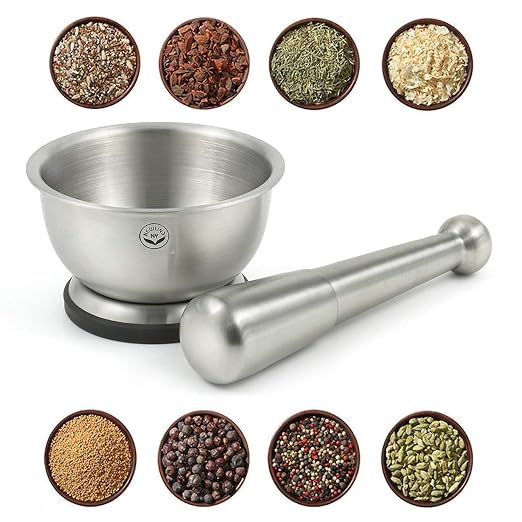 NewlineNY Stainless Steel Hand Masher & Bowl, Mortar and Pestle Set