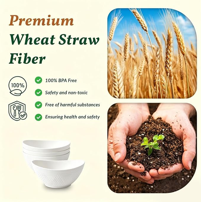 Wheat Straw Serving Bowls Unbreakable Serving Bowls for Kitchen, Camping, Party, RV, Microwave and Dishwasher Safe Soup Bowls 26 OZ Popcorn Bowls Reusable (4 PCS White)