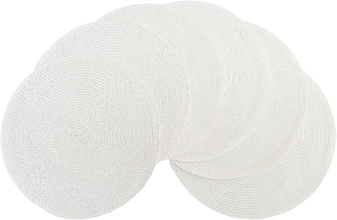 Winknowl 15 Inch Round Braided Placemats Set of 6, Washable Cotton Polyester Table Mats, Heat Resistant Non-Slip Place Mats for Kitchen Dining Table Decor (White,6pcs)