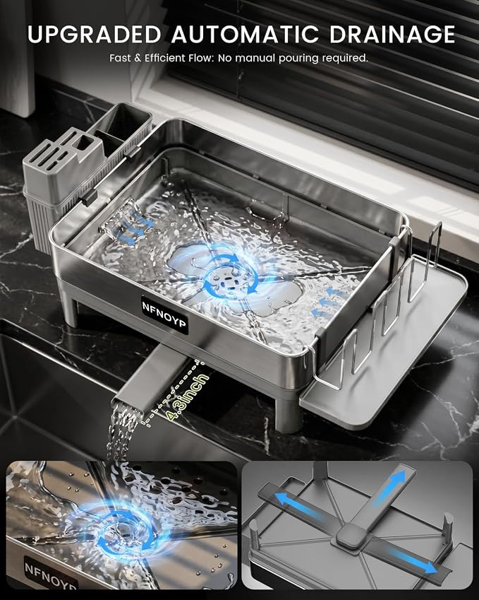 304 Stainless Steel Dish Drying Rack for Kitchen Counter, Grey | Large Capacity Rustproof Dish Rack with Auto Drain Spout, Removable Utensil & Cup Holders, Drainboard Set