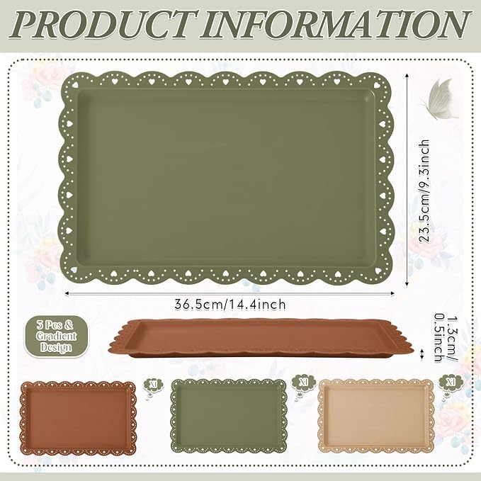 3 Pcs Brown and Sage Green Serving Trays Plastic Platters Dessert Cupcake Holder Party Supplies 14.4 x 9.3 Inches Rectangular Cookie Snack Display Tray for Wedding Restaurant