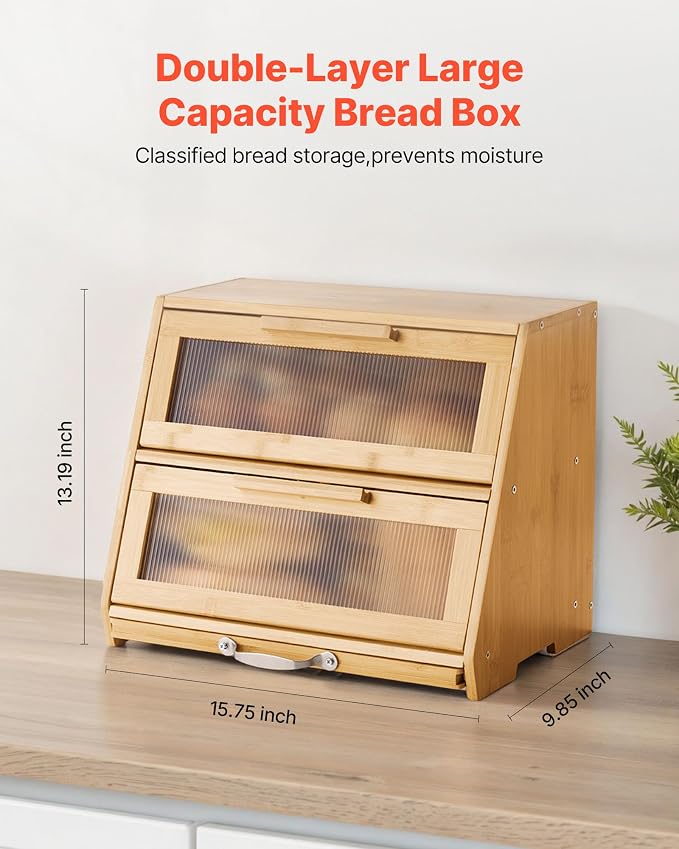 VEVOR Double Layer Bread Box for Kitchen Counter, Large Capacity Bamboo Bread Storage Container, Farmhouse Wooden Breadbox for Homemade Bread, Storage Holder Bin with Acrylic Wavy Door Panel, Natural