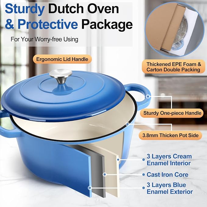 P&P CHEF 5QT Enameled Dutch Oven, Dutch Oven Pot for Bread Baking, Blue | 5 Quart Enameled Cast Iron Casserole Pot with Lid, for Roasting Braising Stewing Frying Simmering, Work on Various Stoves