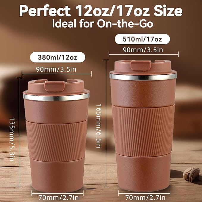 12OZ Travel Coffee Mug Insulated Coffee Cup with Spill Leak Proof Lid, Portable Stainless Steel Tumbler Reusable Hot and Cold Water Mug for Car, Daily, Camping- Coffee