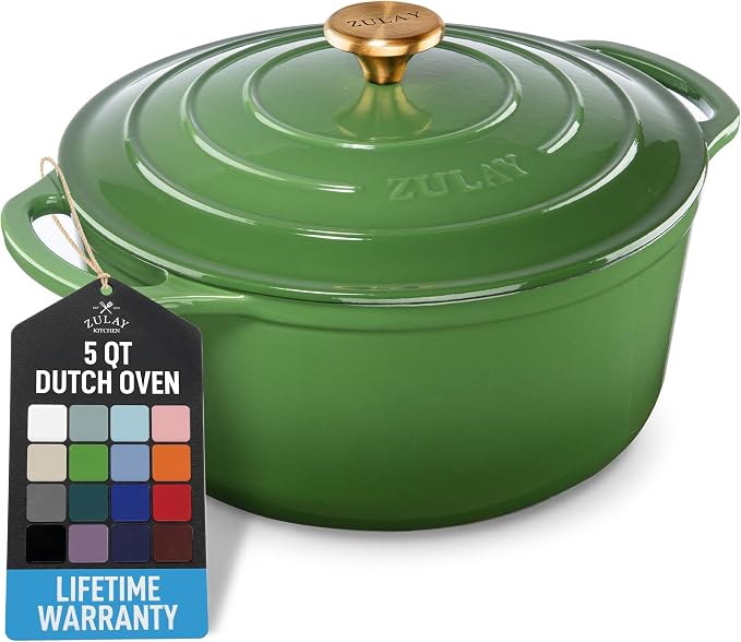 Zulay Kitchen 5 Quart Enameled Cast Iron Dutch Oven Pot with Lid – Premium Durability & Oven Safe up to 500°F – Heavy Duty Cookware Perfect for Bread Baking, Stews, Braising & Roasting – Green