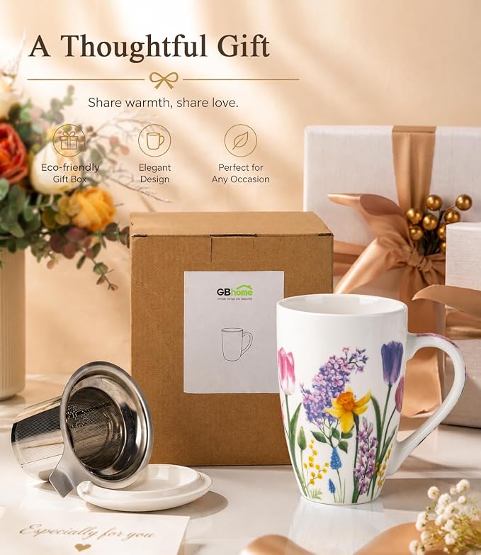 GBhome Tea Mug with Infuser and Lid,18 Ounce Ceramic Loose Leaf Cup Steeper | Lead-Free Glaze For Tea Lovers,Microwave & Dishwasher Safe with Tea Strainer