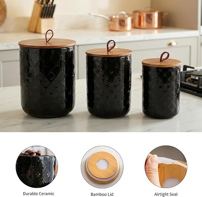 Ceramic Canisters Set with Airtight Lids, 82/48/30 oz Coffee Canisters Sets for the Kitchen, Black Large Jars for Flour, Sugar, Pasta, Coffee, Cookies, Tea - Set of 3, Embossed Pattern