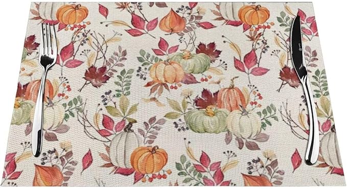 Fall Placemats Set of 4, Pumpkin Maple Leaf Flower Decorative Table Mat 12 x 18 Inch Heat Resistant Non Slip Line Fabric Autumn Thanksgiving Place mat for Dining Table