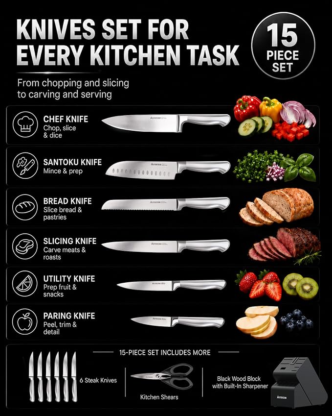 Astercook Knife Set 15 Piece German Steel Kitchen Knife Block Set | Wooden Block with Built-in Sharpener, One-Piece Design, Dishwasher Safe, Rust-Resistant, 6 Steak Knives, For Cooking & Gift