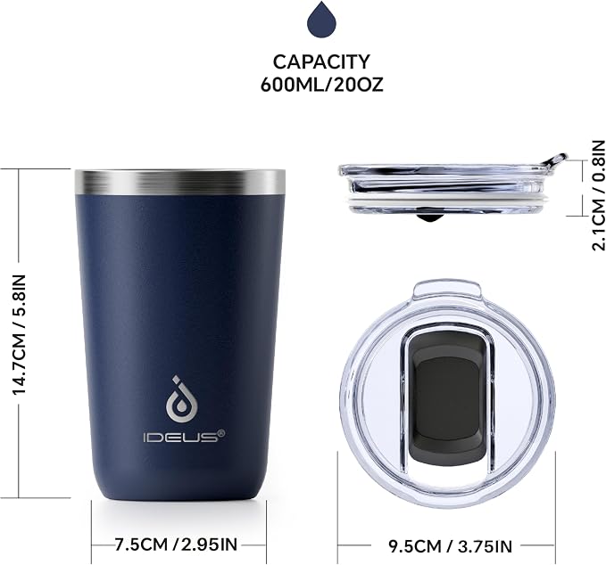 Ideus 20 oz Tumbler, Travel Coffee Mug with Splash Proof Sliding Lid, Double Wall Stainless Steel Vacuum Insulated Coffee Mug for Home and Office, Keep Beverages Hot or Cold, Navy blue