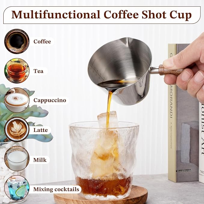 Amrules Espresso Cup, 6.8 oz/200 ml Stainless Steel Coffee Shot Measuring Cup with Wood Handle, Double V-Shaped Mouth and Clear Scale for Cappuccino Barista Coffee Bar Accessories, Silver